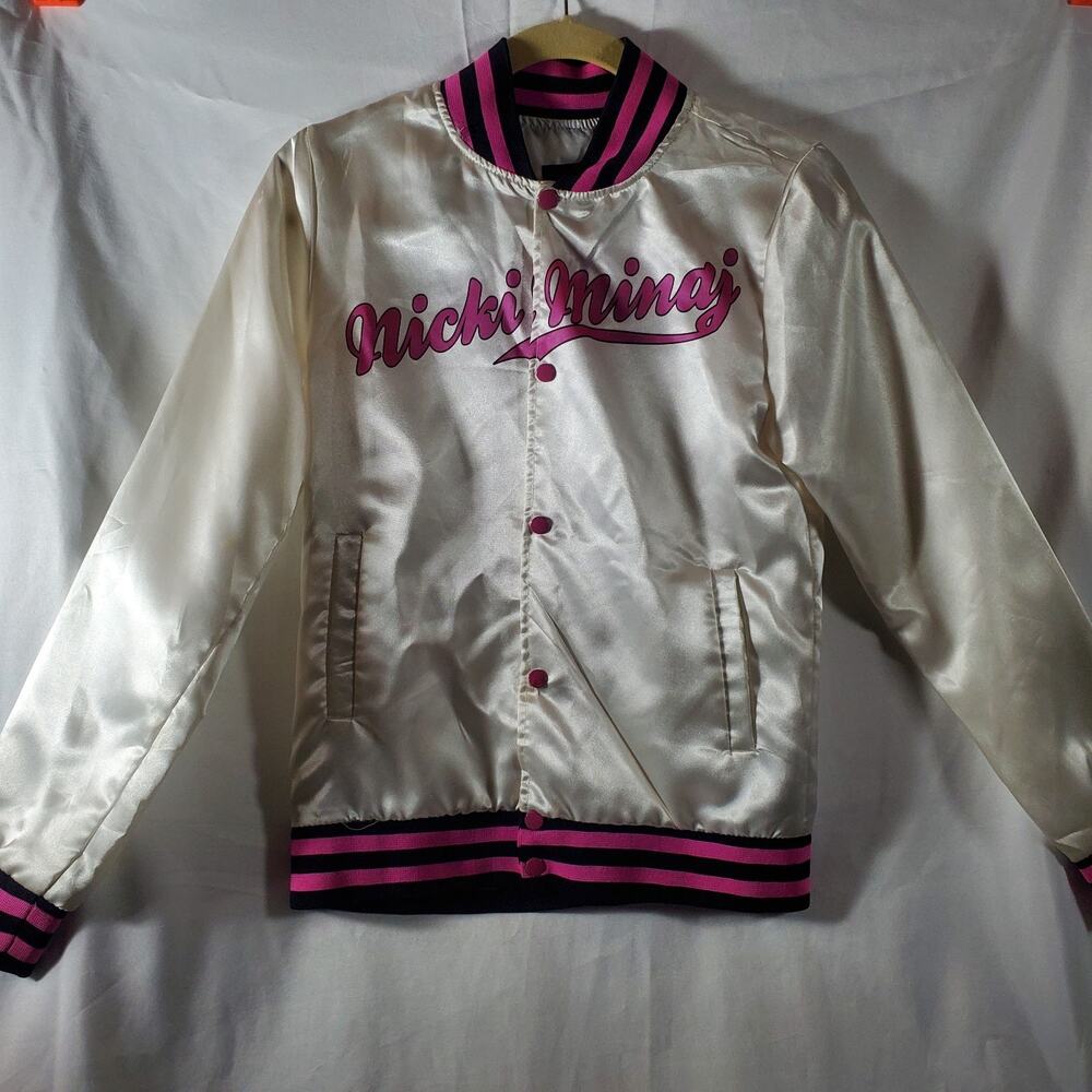 Nicki Minaj Satin Bomber Jacket Women’s Small Pink White Varsity Coat Rare HTF